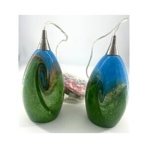 Hand-Blown Art Glass Pendant Hanging Lights Artisanal Set of 2 Blue Green Marble